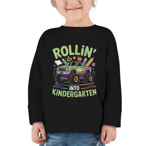 Rollin Into Kindergarten Monster Truck Back To School Graphic Toddler Long Sleeve Tee - Savourry