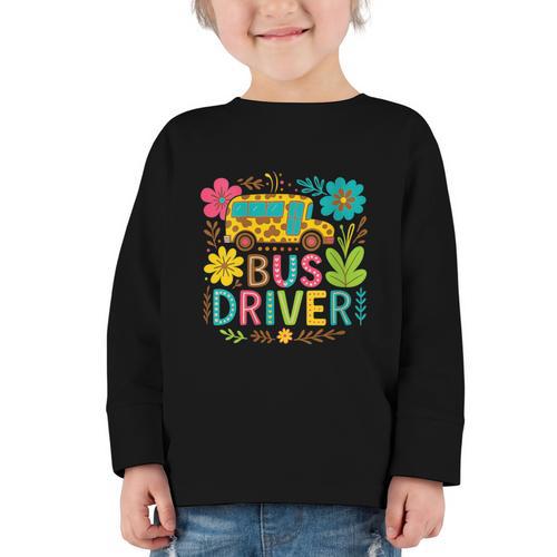 School Bus Driver Boho Floral Leopard Back To School Womens Graphic Toddler Long Sleeve Tee - Savourry
