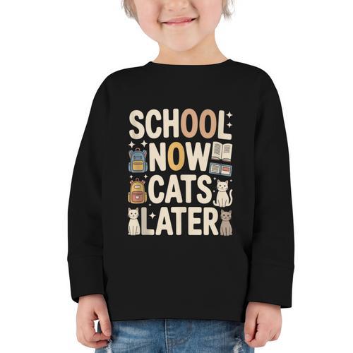 School Now Cats Later Back To School Graphic Toddler Long Sleeve Tee - Savourry