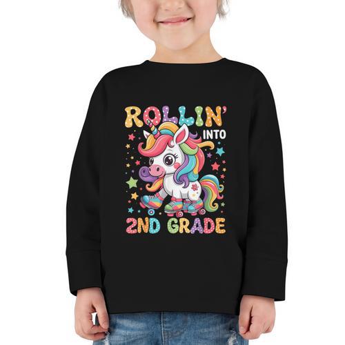 Second Grade Back To School First Day Girls Rollin Unicorn Graphic Toddler Long Sleeve Tee - Savourry