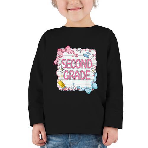 Second Grade Girls Kids Back To School Girls Coquette Bows Graphic Toddler Long Sleeve Tee - Savourry