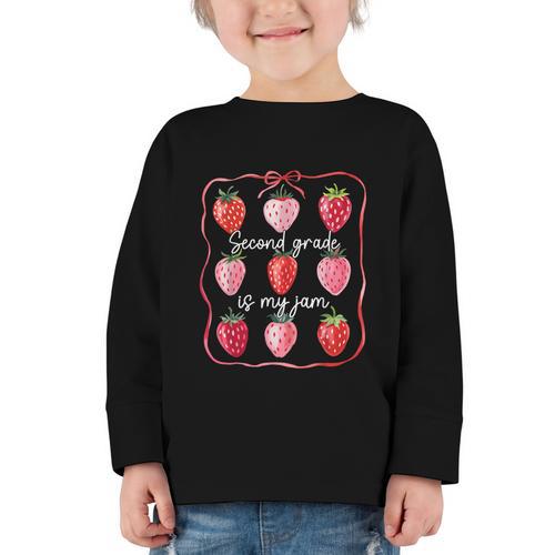 Second Grade Is My Jam Strawberry 2nd Grade Back To School Graphic Toddler Long Sleeve Tee - Savourry