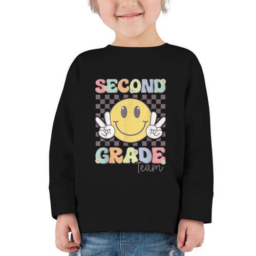 Second Grade Team Smile Face 2nd Grade Back To School Graphic Toddler Long Sleeve Tee - Savourry