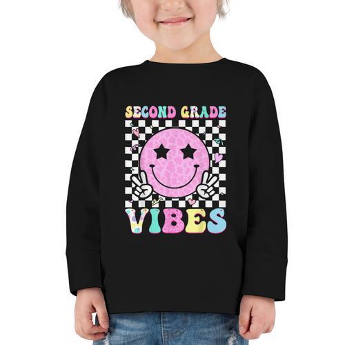 Second Grade Vibes Groovy Back To School 2nd Grade Girls Kid Graphic Toddler Long Sleeve Tee - Savourry