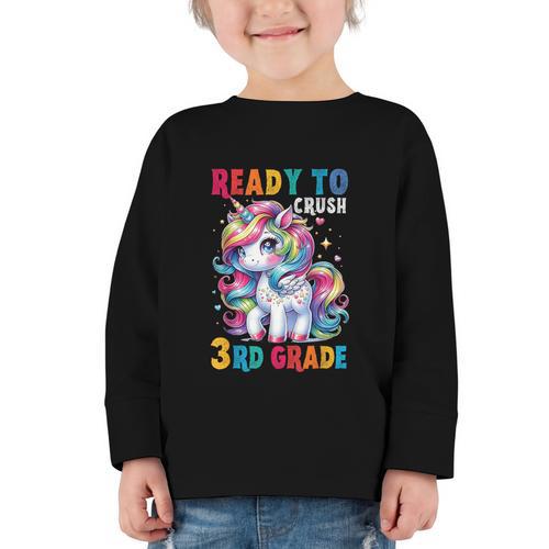 Student Unicorn Ready Back To School Crush 3rd Grade Girls Graphic Toddler Long Sleeve Tee - Savourry