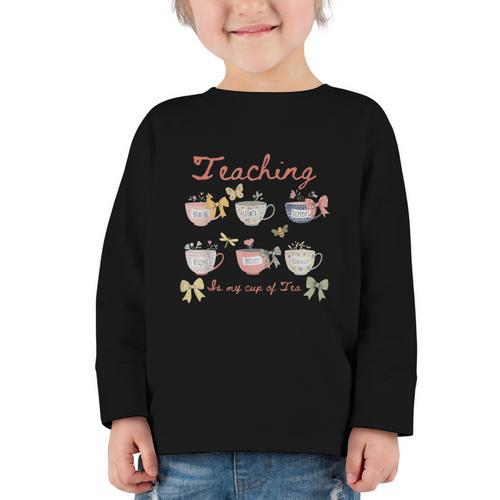 Teaching Is My Cup Of Tea Coquette Bow Floral Back To School Graphic Toddler Long Sleeve Tee - Savourry