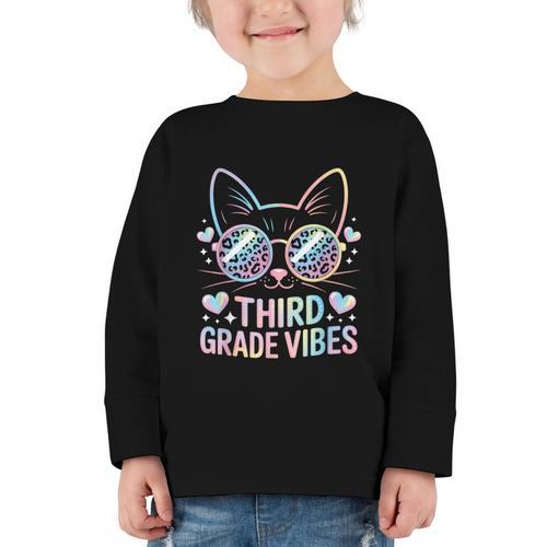 Third 3rd Grade Vibes Back To School Cute Cat Cute For Girls Graphic Toddler Long Sleeve Tee - Savourry