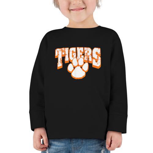 Tigers School Spirit Mascot Back To School Orange Graphic Toddler Long Sleeve Tee - Savourry
