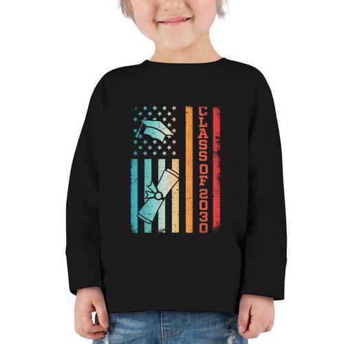 Vintage Class Of 2030 Graduation Back To School USA Flag Graphic Toddler Long Sleeve Tee - Savourry