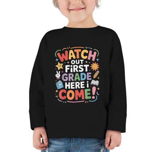 Watch Out First Grade Here I Come Back To School Learner Graphic Toddler Long Sleeve Tee - Savourry