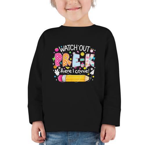 Watch Out Pre-K Here I Come Back To School Boy Girl Kids Graphic Toddler Long Sleeve Tee - Savourry