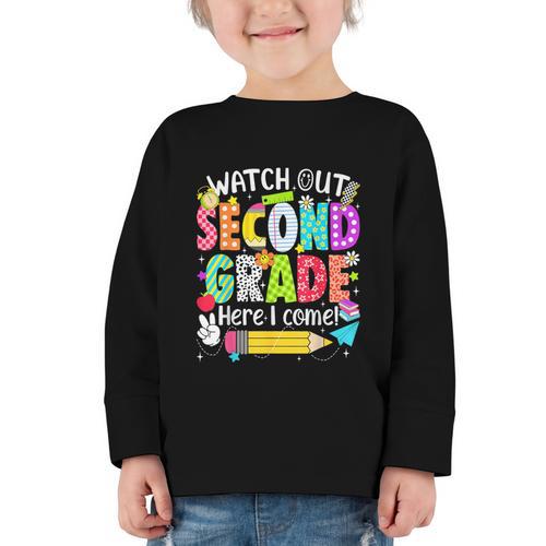 Watch Out Second Grade Here I Come Back To School Boys Girls Graphic Toddler Long Sleeve Tee - Savourry
