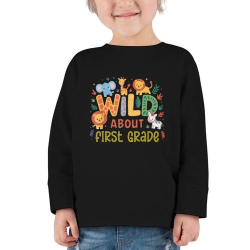 Wild About First Grade Safari Jungle Animals Back To School Graphic Toddler Long Sleeve Tee - Savourry