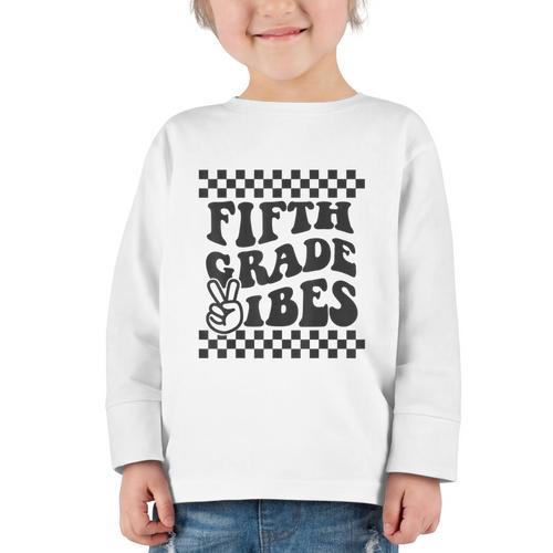 1st Day Of 5th Grade Vibes Retro Girls Back To School Boys Graphic Toddler Long Sleeve Tee - Savourry