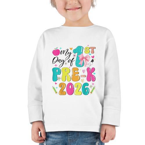 My 1st Day Of Pre-K 2026 Back To School Bow PreK Kids Girls Graphic Toddler Long Sleeve Tee - Savourry