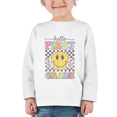 1st Grade Team Back To School Hello First Grade Smile Face Graphic Toddler Long Sleeve Tee - Savourry