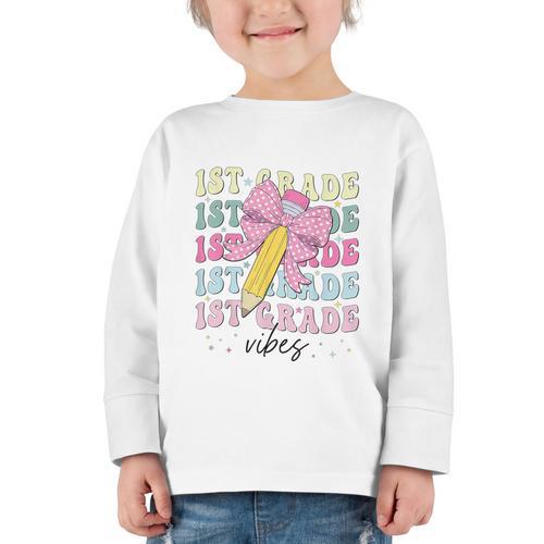 1st Grade Vibes Girl Coquette Bow First Grade Back To School Graphic Toddler Long Sleeve Tee - Savourry