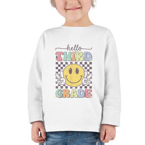 3rd Grade Team Back To School Hello Third Grade Smile Face Graphic Toddler Long Sleeve Tee - Savourry