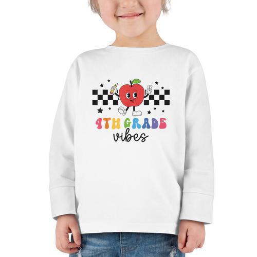 4th Grade Vibes Retro Groovy Apple Back To School Graphic Toddler Long Sleeve Tee - Savourry
