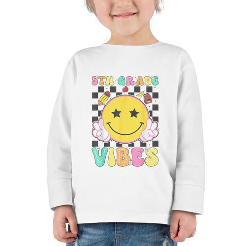 5th Grade Vibes Girls Smile Face Back To School Fifth Grade Graphic Toddler Long Sleeve Tee - Savourry