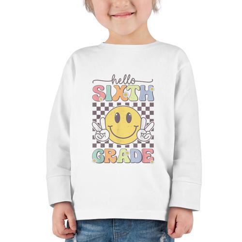 6th Grade Team Back To School Hello Sixth Grade Smile Face Graphic Toddler Long Sleeve Tee - Savourry