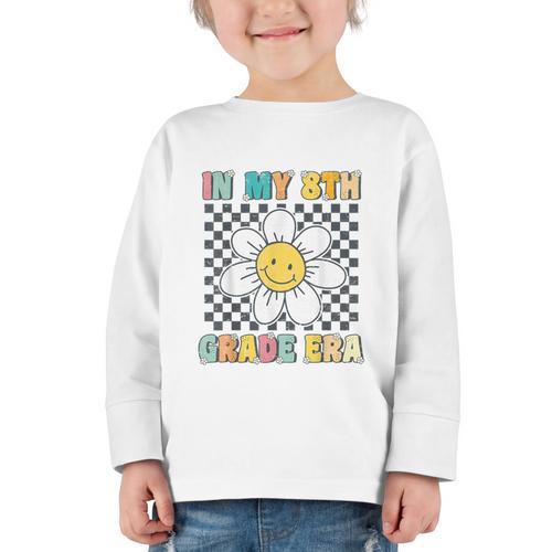 In My 8th Grade Era Retro Groovy Eighth Grade Back To School Graphic Toddler Long Sleeve Tee - Savourry