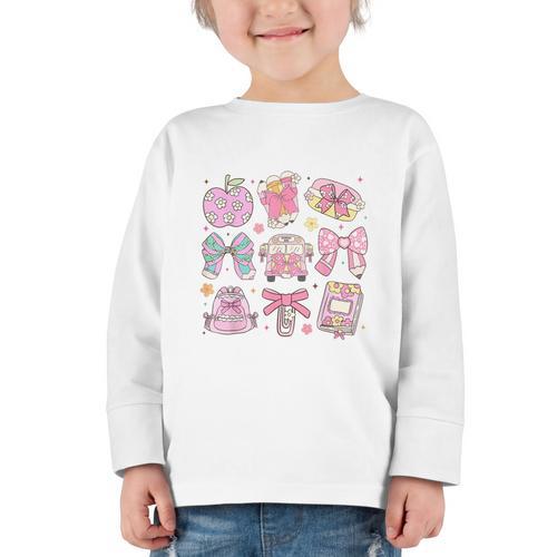 Back To School Coquette Bow Pencil School Students Girls Graphic Toddler Long Sleeve Tee - Savourry