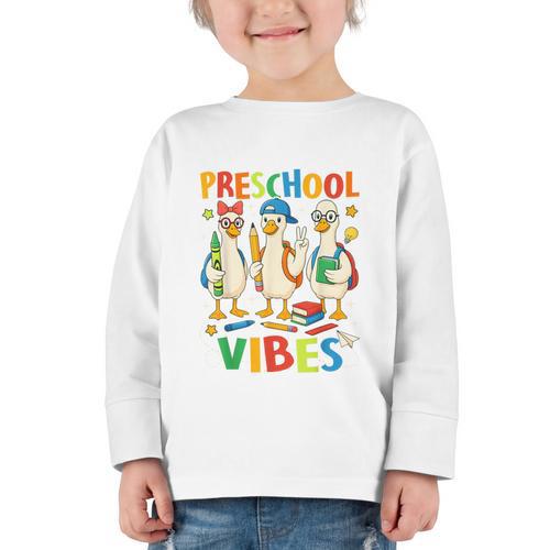 Back To School Cute Goose Preschool Vibes Girls Boys Graphic Toddler Long Sleeve Tee - Savourry