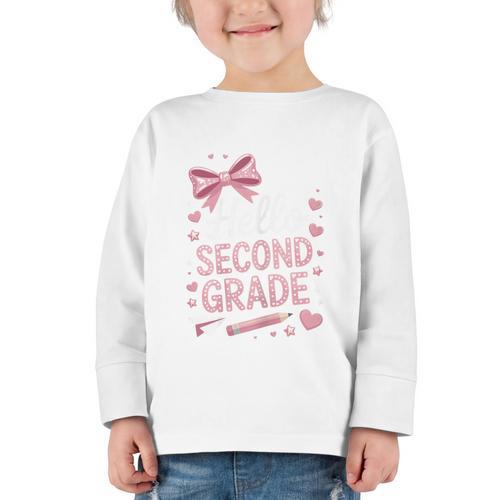 Back To School Cute Pink Coquette Girls Hello Second Grade Graphic Toddler Long Sleeve Tee - Savourry