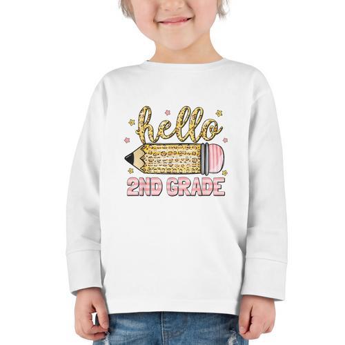 Back To School Hello Second 2nd Grade Leopard Pencil Girl Graphic Toddler Long Sleeve Tee - Savourry
