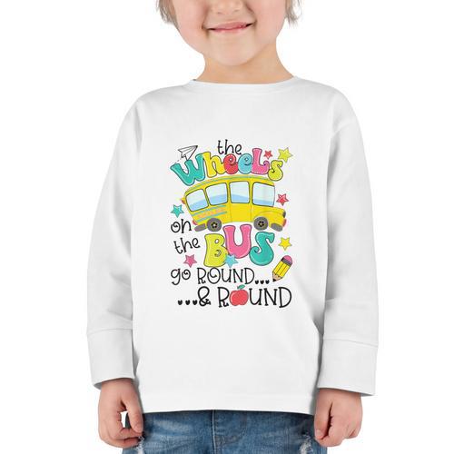 Back To School The WHEELS On The BUS Toddler Kids Boys Graphic Toddler Long Sleeve Tee - Savourry