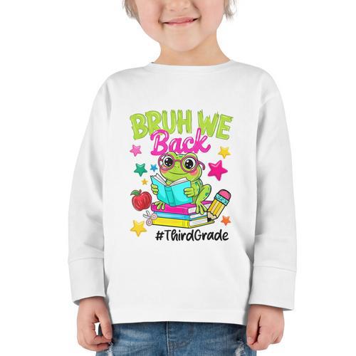 Bruh We Back Third Grade Cute Frog Back To School Graphic Toddler Long Sleeve Tee - Savourry
