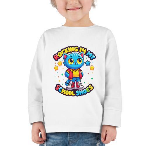 Cat Rocking In My School Shoes Fun Back To School Kids Boys Performance Graphic Toddler Long Sleeve Tee - Savourry