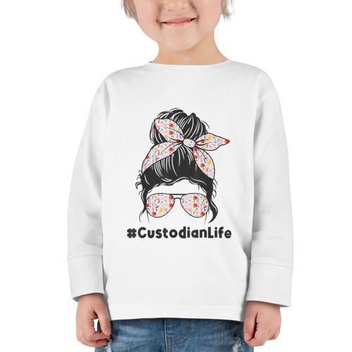 Custodian Life Messy Bun Hair Glasses Leopard Back To School Graphic Toddler Long Sleeve Tee - Savourry