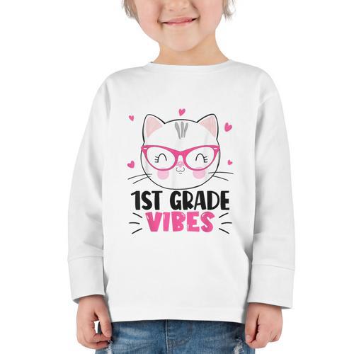 Cute 1st Grade Vibes Cat Kitten Lover Back To School Girls Graphic Toddler Long Sleeve Tee - Savourry