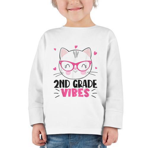 Cute 2nd Grade Vibes Cat Kitten Lover Back To School Girls Graphic Toddler Long Sleeve Tee - Savourry