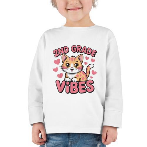 Cute Cat 2nd Grade Vibes Back To School Second Grade Girls Graphic Toddler Long Sleeve Tee - Savourry