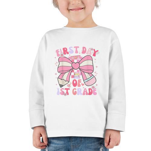 First Day Of 1st Grade Coquette Back To School Girls Kids Graphic Toddler Long Sleeve Tee - Savourry