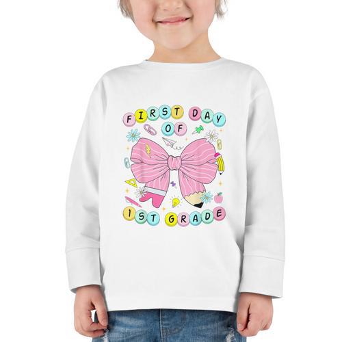 First Day Of 1st Grade Girls Coquette Back To School Kids Graphic Toddler Long Sleeve Tee - Savourry