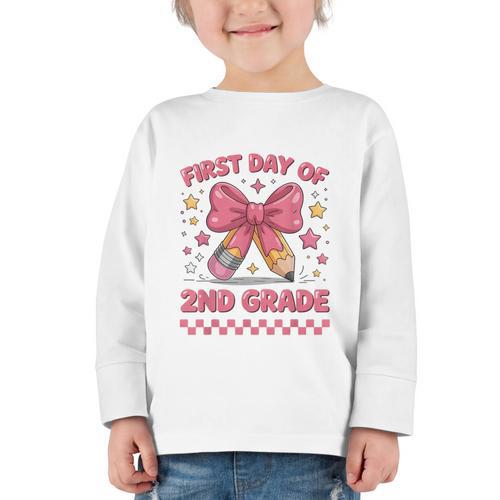 First Day Of 2nd Grade Coquette Back To School Girls Kids Graphic Toddler Long Sleeve Tee - Savourry