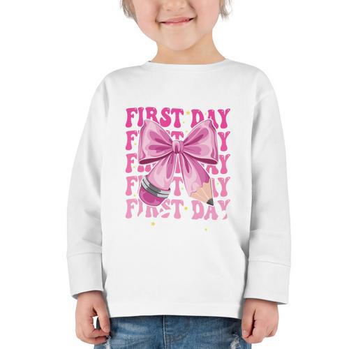 First Day Of School Girls Coquette Bow Back To School Performance Graphic Toddler Long Sleeve Tee - Savourry