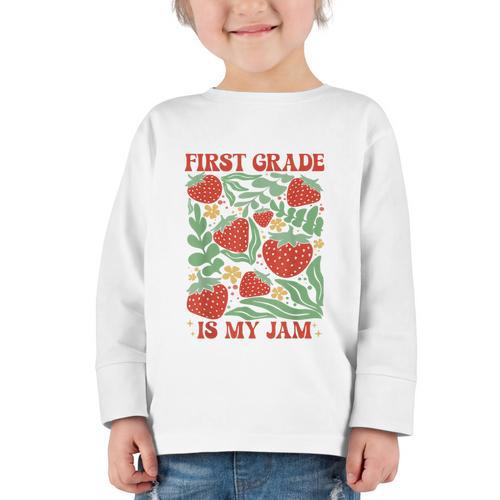 First Grade Is My Jam Boho Floral Strawberry Back To School Graphic Toddler Long Sleeve Tee - Savourry
