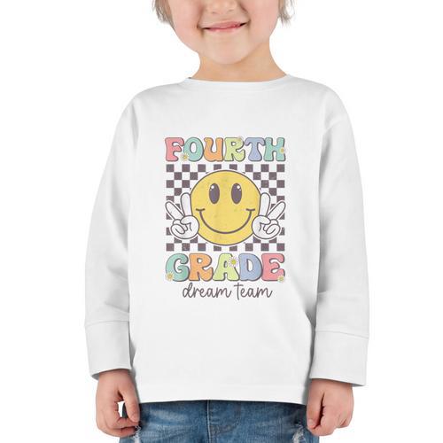 Fourth Grade Dream Team Smile Face Back To School 4th Grade Graphic Toddler Long Sleeve Tee - Savourry