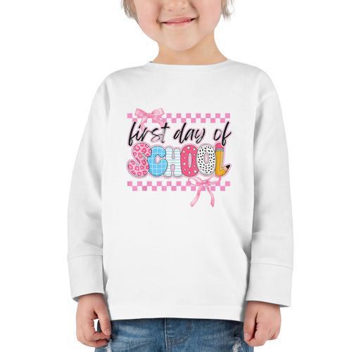 Girl First Day Of School Coquette Bow Pink Back To School Graphic Toddler Long Sleeve Tee - Savourry