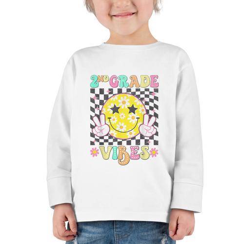 Girls 2nd Grade Vibes Smile Face Back To School Second Grade Graphic Toddler Long Sleeve Tee - Savourry