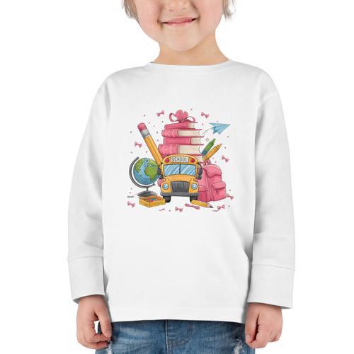 Girls Cute Pink Bows Coquette Aesthetic Back To School Graphic Toddler Long Sleeve Tee - Savourry