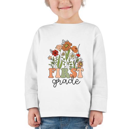 Groovy First Grade Wildflowers Back To School 1st Grade Graphic Toddler Long Sleeve Tee - Savourry