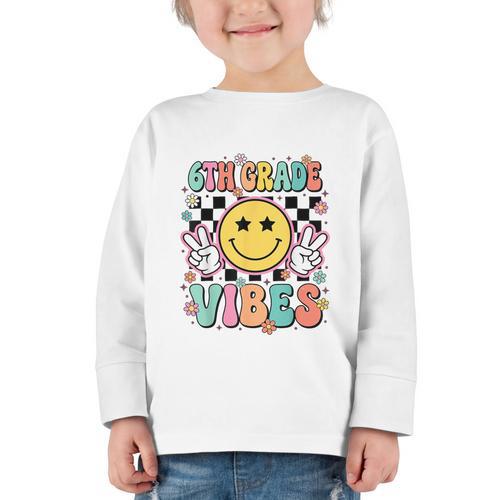 Groovy Sixth 6TH Grade Vibes Back To School First Day Kids Graphic Toddler Long Sleeve Tee - Savourry