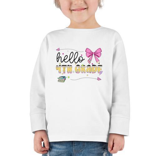 Hello 4th Grade Girls Coquette Fourth Grade Back To School Graphic Toddler Long Sleeve Tee - Savourry