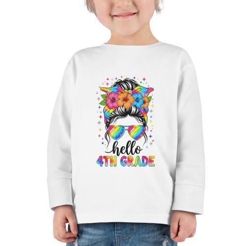 Hello 4th Grade Messy Bun Girls Back To School First Day Graphic Toddler Long Sleeve Tee - Savourry
